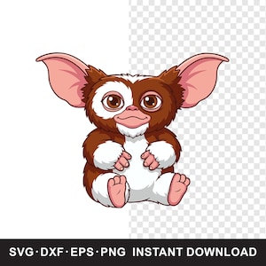 May include: A cartoon illustration of a Gremlin character, featuring brown fur, large pink ears, and a white patch on its face. The Gremlin is sitting with its hands and feet visible, and the image includes the text "SVG • DXF • EPS • PNG INSTANT DOWNLOAD".
