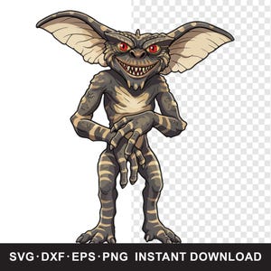 May include: A cartoon illustration of a Gremlin creature with a menacing grin, red eyes, and large ears. The creature is primarily gray with tan stripes and details. The image includes the text "SVG • DXF • EPS • PNG INSTANT DOWNLOAD".