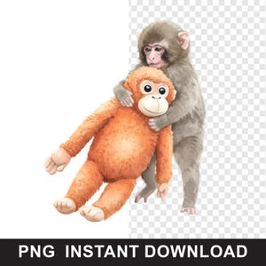 Könnte beinhalten: Aquarellillustration von zwei Affen. Einer umarmt einen orangefarbenen Plüschaffen. Der andere Affe ist grau mit einem rosa Gesicht. Das Bild hat unten den Text "PNG INSTANT DOWNLOAD".