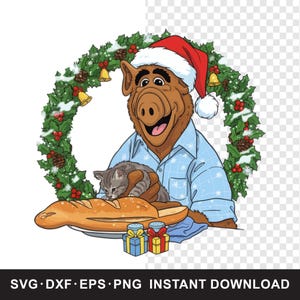 May include: A cartoon illustration of a brown alien wearing a Santa hat and blue pajamas, holding a gray kitten and a loaf of bread. A Christmas wreath surrounds the alien. Two wrapped gifts are at the bottom.