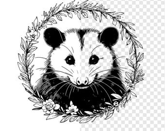 Floral Opossum Clipart, Possum SVG Engraving, Cute Critter Graphics PNG, Whimsical Opossum Illustration, Digital Download Trash Panda