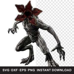 Puede incluir: Ilustración digital de un Demogorgon de la serie Stranger Things. La criatura se representa en una pose dinámica, con una gran cabeza en forma de flor y un cuerpo gris y musculoso. Incluye el texto "SVG • DXF • EPS • PNG INSTANT DOWNLOAD".