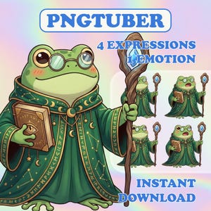 May include: A cartoon illustration of a green frog wizard wearing a green robe with gold accents, holding a book and staff. The image includes the text "PNGTUBER", "4 EXPRESSIONS 1 EMOTION", and "INSTANT DOWNLOAD".