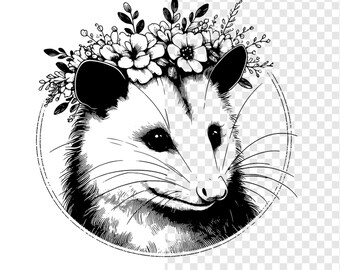 Floral Opossum SVG, Cute Trash Panda Clipart, Whimsical Engraving (Digital Download)