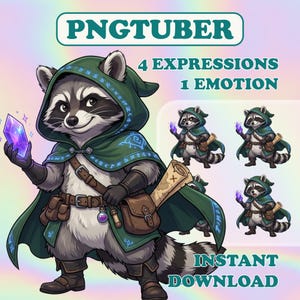 May include: Digital illustration of a raccoon character in a green hooded cloak, holding a purple crystal. The image includes the text "PNGTUBER" and "4 EXPRESSIONS 1 EMOTION INSTANT DOWNLOAD". Several smaller versions of the raccoon are also shown.