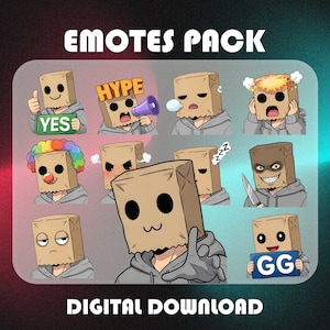 May include: A digital download graphic pack featuring various emotes. Each emote depicts a person wearing a brown paper bag with different expressions and holding props like a megaphone, knife, and a sign that says "GG". The text "EMOTES PACK" and "DIGITAL DOWNLOAD" are displayed.