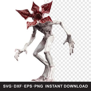 May include: A digital illustration of a Demogorgon, a creature from the series "Stranger Things." The monster has a flower-like head with red petals and a skeletal body. The image includes the text "SVG • DXF • EPS • PNG INSTANT DOWNLOAD."