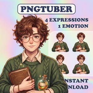 May include: A digital PNGtuber character illustration featuring a person with brown curly hair and round glasses, wearing a green cable-knit sweater over a collared shirt. The character holds a brown book and a potion bottle, with four expressions.