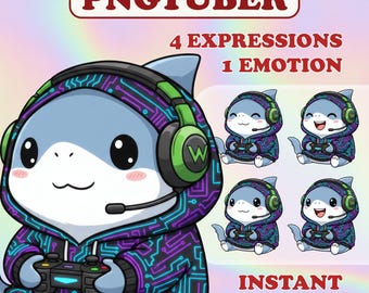 May include: Digital illustration of a cartoon shark wearing a hoodie and headset, holding a game controller. The image includes the text "PNGTUBER", "4 EXPRESSIONS 1 EMOTION", and "INSTANT DOWNLOAD". The shark is blue with a purple and teal circuit board design.
