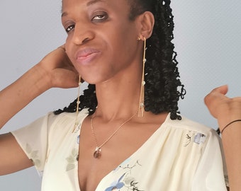 Hanging earrings with stone gold - Long chain earrings - Bridal earrings gold wedding - Bridal earrings pearl - Prehnite earrings