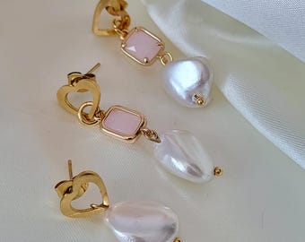 Asymmetrical earrings - Gemstone earrings hanging - Geometric earrings - Elongated gold stud earrings - Bridal earrings