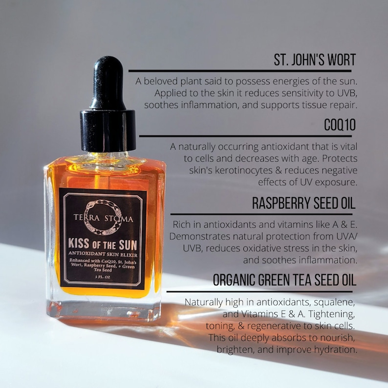 May include: A glass bottle of amber-colored liquid labeled "Kiss of the Sun Antioxidant Skin Elixir" with a dropper top. The bottle is sitting on a white surface with text about the ingredients and benefits of the product, including St. John's Wort, CoQ10, Raspberry Seed Oil, and Organic Green Tea Seed Oil.