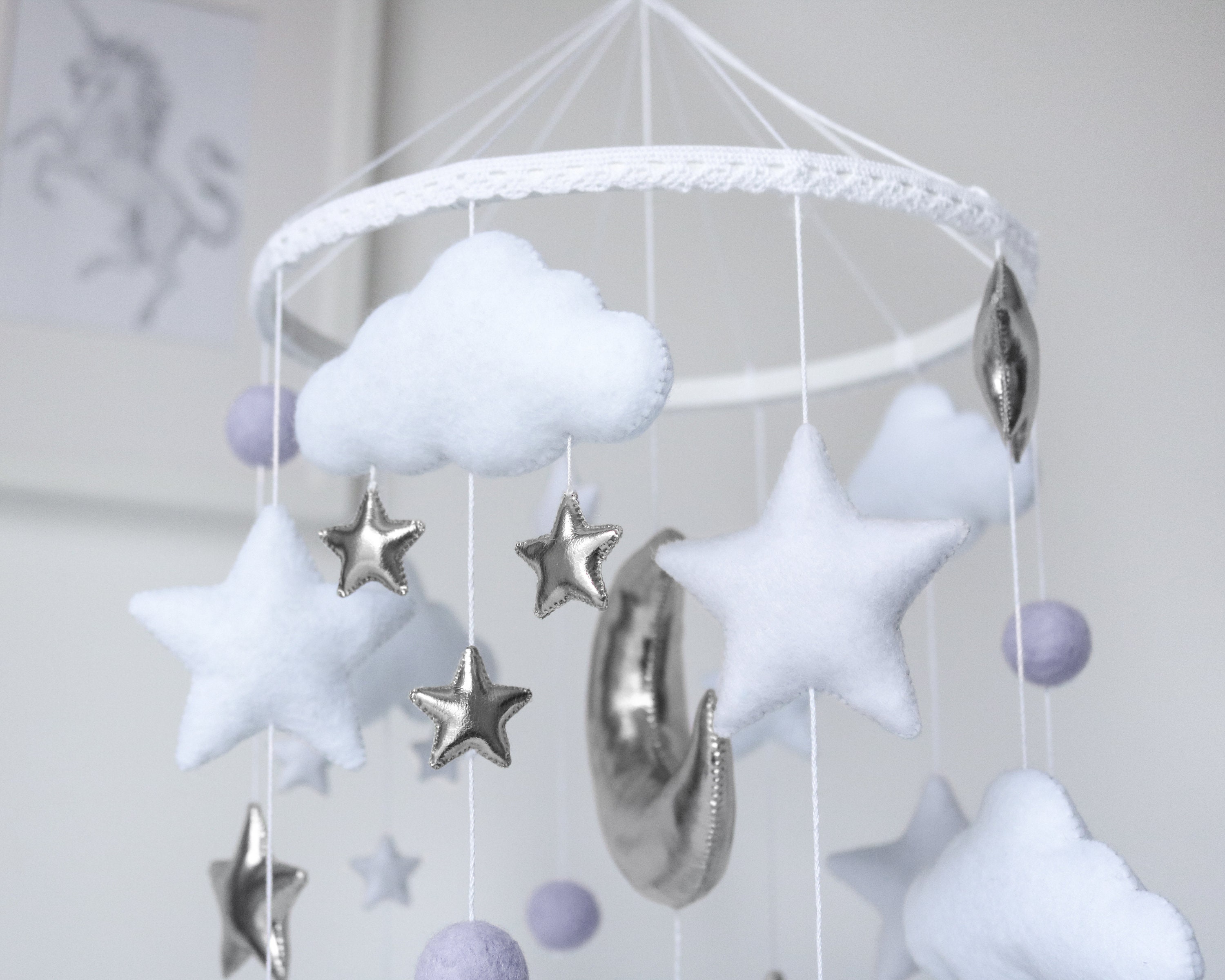 Purple Baby Mobile White Nursery mobile Stars Crib Mobile Felt Etsy