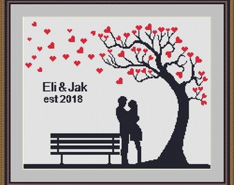 Cross Stitch Pattern Wedding Personalized Love Tree wedding cross stitch pattern married modern pattern, Personalized wedding gift, Mr & Mrs