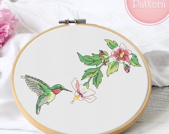 Humming bird cross stitch pattern Bird and flower cross stitch pattern Modern cross stitch flying bird Embroidery pattern Cute cross stitch