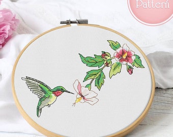 Humming bird cross stitch pattern Bird and flower cross stitch pattern Modern cross stitch flying bird Embroidery pattern Cute cross stitch