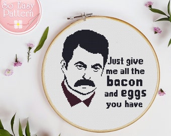 Funny Cross Stitch Pattern PDF, Subversive cross stitch,Eggs and Bacon Parks and Recreation Ron Swanson quote cross stitch, Xstitch Chart