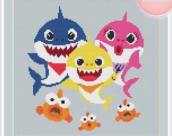 ベビーモチーフ クロスステッチ刺繍 ファミリーサメクロスステッチPDFパターンクロスステッチベビーサメ