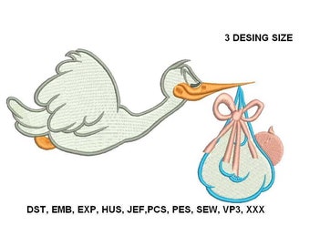 Disegno ricamo cicogna, disegni ricamo macchina, consegna bambino cicogna, uccello di design applique, ricamo bambino, disegno cicogna