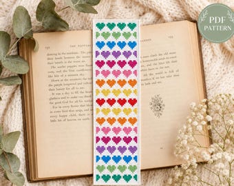 Colorful Heart Bookmark Counted Cross Stitch Pattern, Digital PDF Chart
