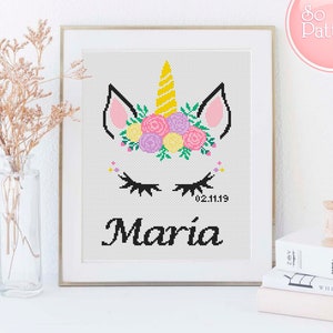 Eenhoorn kruissteekpatroon Eenhoorn gezicht XStitch-diagram Gepersonaliseerde babykamer inrichting Naam Geboortecadeau Kinderen Bloem Eenhoorn borduren