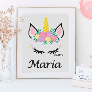 Unicorn Cross Stitch Pattern Unicorn Face XStitch chart Personalized Baby Nursery decor Name Birth Gift Kids Flower Unicorn embroidery