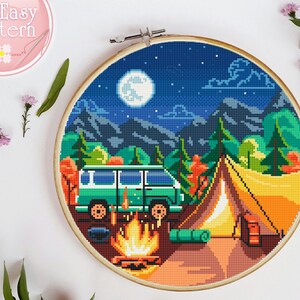 Camping cross stitch PDF pattern Nature cross stitch pattern Adventure cross stitch pattern Night Mountains landscape Modern cross stitch