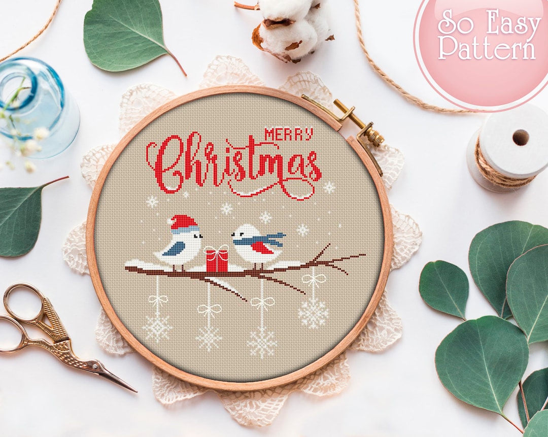 Winter Birds Cross Stitch PDF Merry Christmas Modern Cross Stitch