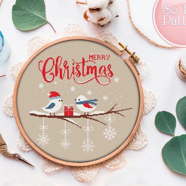 Winter birds cross stitch PDF Merry Christmas Modern Cross Stitch Pattern Holiday cross stitch Xmas cross stitching Embroidery patterns