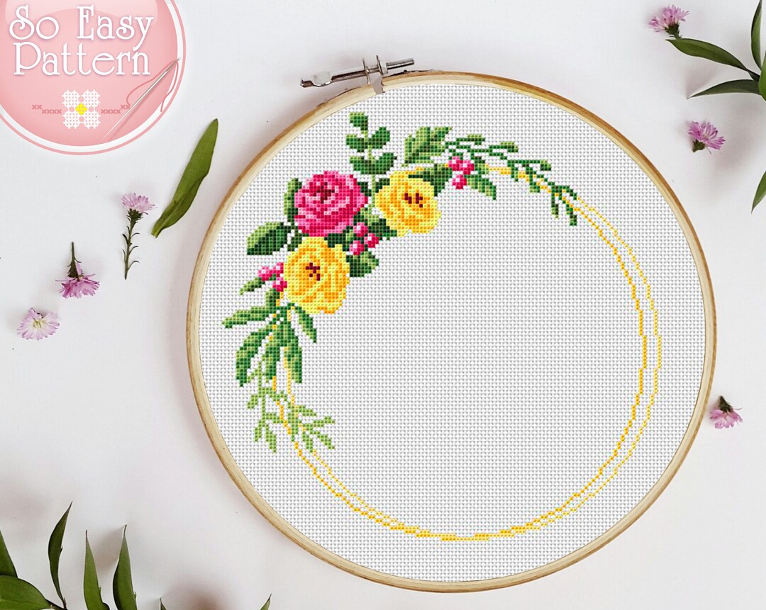 Floral Wreath Cross Stitch Pattern PDF, Flower Cross Stitch