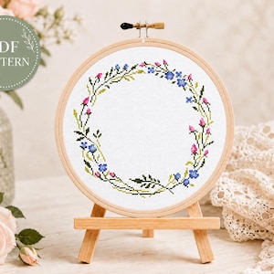 Floral Wreath cross stitch pattern PDF, Flower cross stitch, Modern Xstitch chart, Floral Needlepoint Design, Cross Stitch Flowers, Hoop Art