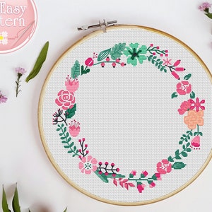 Bloemenkrans kruissteekpatroon pdf, bloem kruissteek, moderne xstitch-grafiek, bloemen borduurontwerp, kruissteek bloemenrand