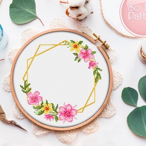 Floral wreath cross stitch pattern, flower border counted cross stitch, Modern Xstitch chart, wreath flowers pattern cross stitching