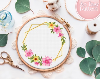 Floral wreath cross stitch pattern, flower border counted cross stitch, Modern Xstitch chart, wreath flowers pattern cross stitching