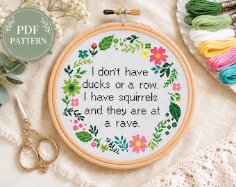Funny Cross Stitch Pattern PDF, I Don’t Have Ducks or a Row, Subversive Quote Cross Stitch, Floral Wreath Xstitch, Modern Office Decor