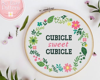 Subversive Cross Stitch Pattern Cubicle Sweet Cubicle Funny Cross Stitch Modern cross stitch PDF pattern Floral Wreath cross stitch chart