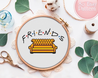 Schema punto croce facile PDF Friends Divano arancione Divertente punto croce per principianti Facile ricamo schema xstitch Mini punto croce