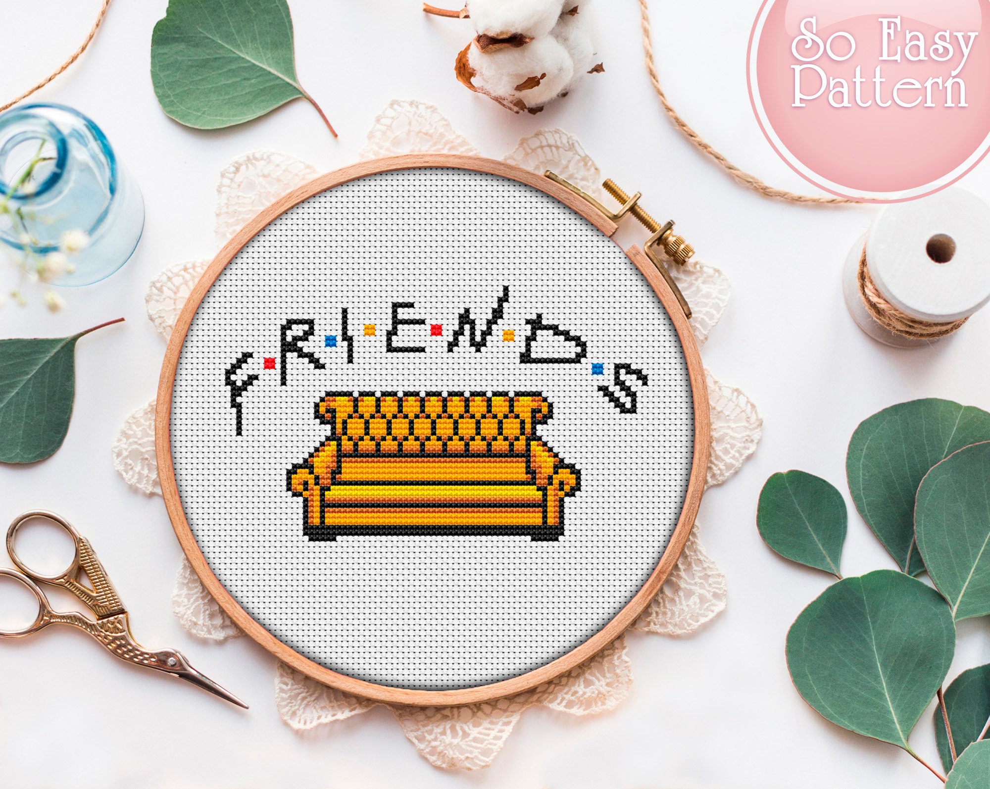 ELVIN PATCHWORK SHORT SET ［7/1限定価格］ Easy Cross Stitch Pattern PDF Friends Orange Couch Funny Cross