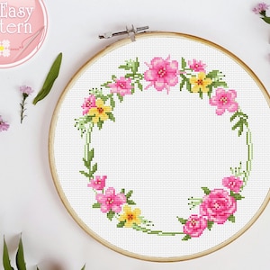 Floral Wreath cross stitch pattern PDF, Flower cross stitch, Modern Xstitch chart, Cross stitch Flowers Border, Floral Needlepoint Design