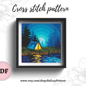 Camping cross stitch PDF pattern Nature cross stitch pattern Adventure cross stitch pattern Night Mountains landscape Modern cross stitch