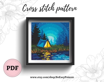 Camping cross stitch PDF pattern Nature cross stitch pattern Adventure cross stitch pattern Night Mountains landscape Modern cross stitch