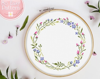 Floral Wreath cross stitch pattern PDF, Flower cross stitch, Modern Xstitch chart, Floral Needlepoint Design, Cross Stitch Flowers, Hoop Art