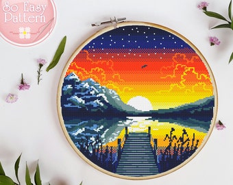 Nature point de croix PDF motif paysage moderne point de croix motif coucher de soleil rivière point de croix Design point de croix compté tableau x-stitch