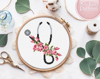 Stethoskop Kreuzstichmuster Pdf, Blumen Stethoskop Kreuzstich, Medizinische Nadelspitze, Krankenschwester Leben Kreuzstichvorlage