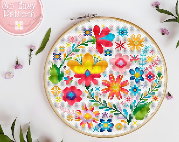 Floral Cross Stitch Pattern PDF, Cross Stitch Floral Wreath