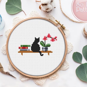 May include: A black cat sitting on a shelf with a stack of books and a potted pink orchid plant. The shelf is made of wood and has a white background.