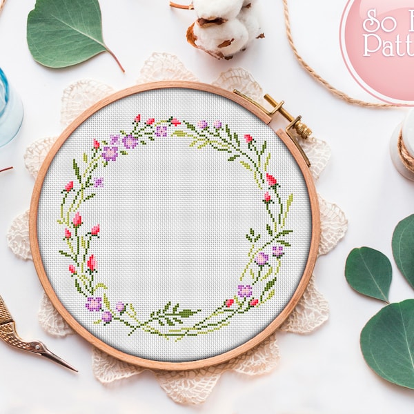 Floral Wreath cross stitch pattern PDF, Flower cross stitch, Modern Xstitch chart, Floral Needlepoint Design, Cross Stitch Flowers, Hoop Art