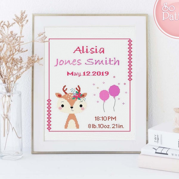 Baby birth Announcement cross stitch pattern Girl nursery decor Counted cross stitch chart Modern cross stitch pattern PDF