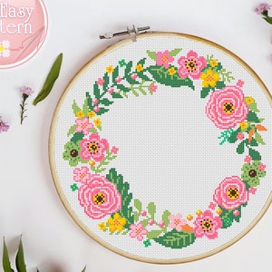 Floral Wreath cross stitch pattern PDF, Flower cross stitch, Modern Xstitch chart, Floral Needlepoint Design, Cross Stitch Flowers, Hoop Art