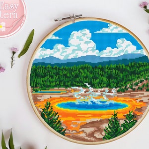 Nature Modern Cross Stitch pattern Yellowstone national park USA Digital Cross Stitch Patterns landscape Counted Cross Stitch Chart hoop art